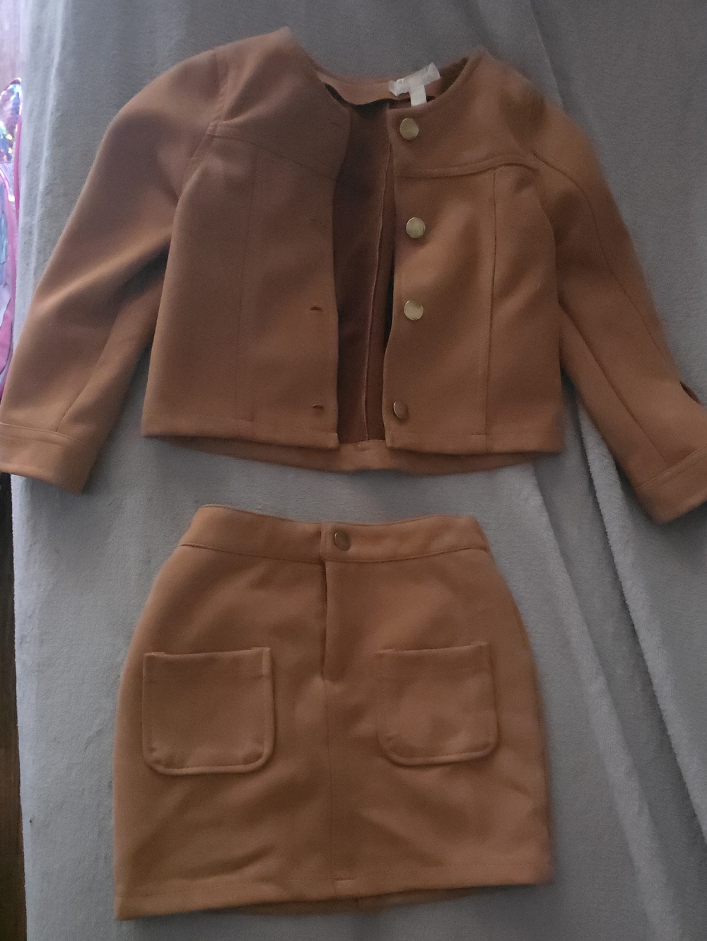 Girls Tan Two-Piece Jacket & Skirt Set